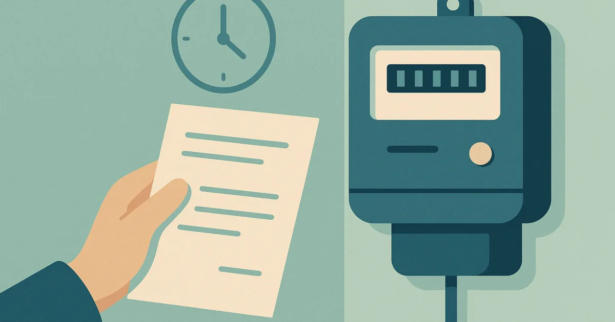 Illustration: eine Hand mit einem Antragsformular neben einem digitalen Stromzähler, im Hintergrund eine Uhr als Sinnbild für die Einbaufrist