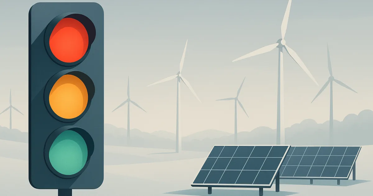 Dunkelflaute-Ampel in Grün, Gelb und Rot vor Windrädern und Solarmodulen unter grauem Winterhimmel