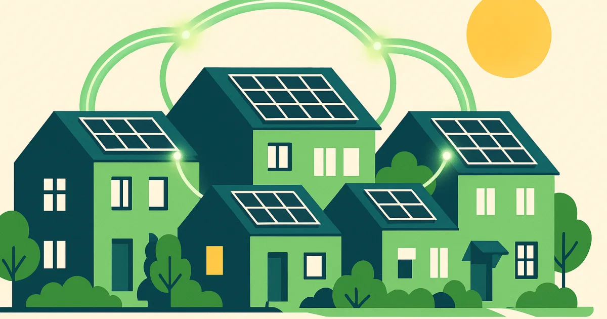 Illustration einer Nachbarschaft mit Solardächern, die über leuchtende Energielinien Solarstrom gemeinsam teilen