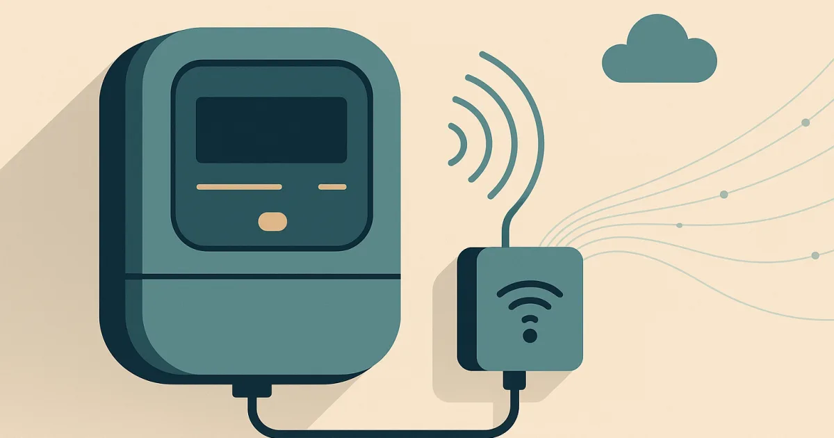 Illustration: digitaler Stromzähler mit verbundenem Smart-Meter-Gateway, das Verbrauchsdaten drahtlos überträgt