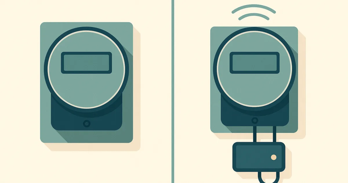 Vergleich: links eine moderne Messeinrichtung als einzelner digitaler Zähler, rechts ein intelligentes Messsystem mit zusätzlichem Smart-Meter-Gateway