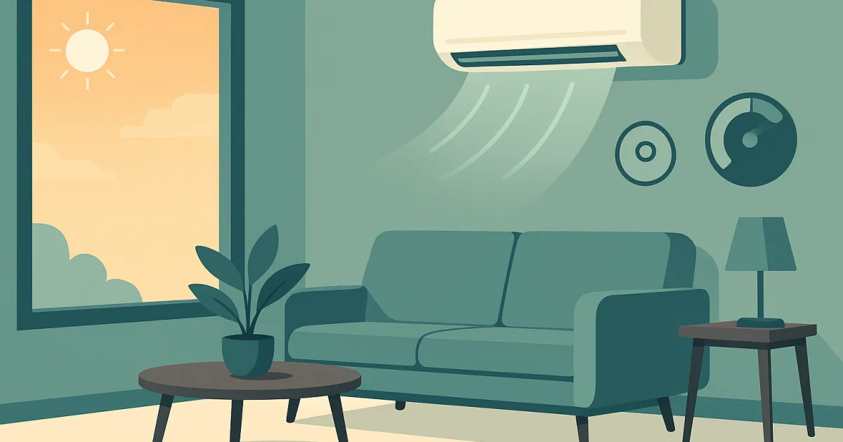 Modernes Wohnzimmer mit Split-Klimaanlage an der Wand, die an einem heißen Sommertag kühle Luft abgibt.