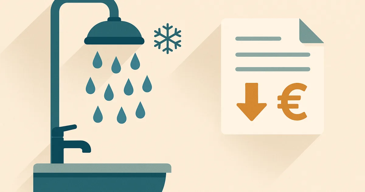 Illustration einer kalten Dusche und eines Mietminderungs-Schreibens mit Euro-Symbol und Abwärtspfeil