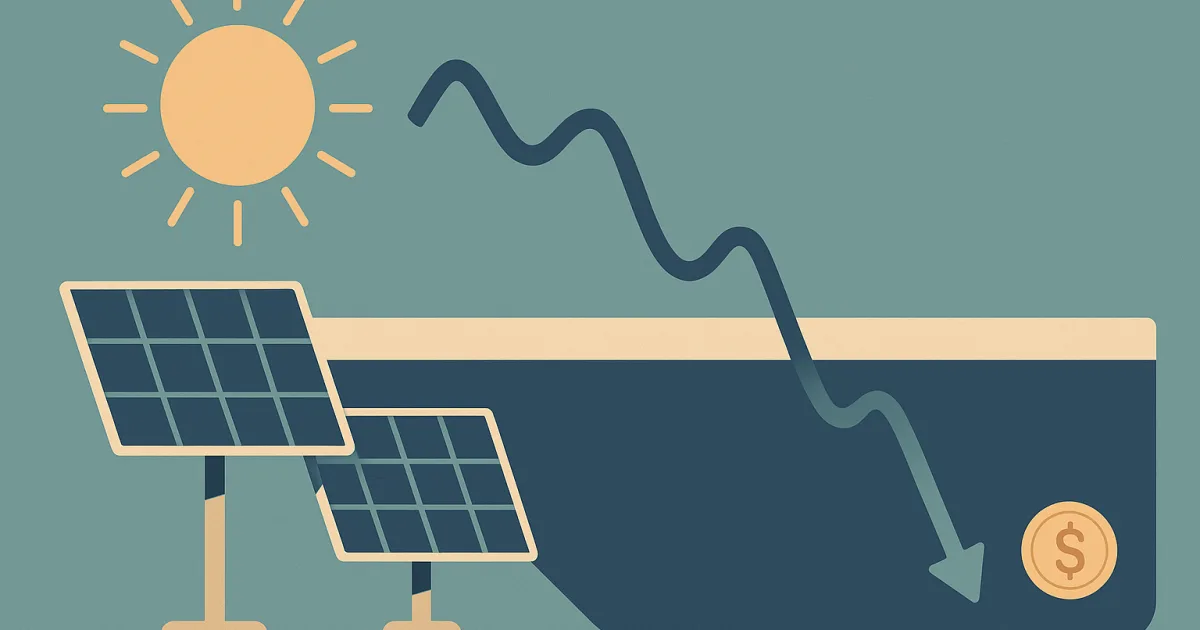 Illustration: Solaranlage unter der Sonne und eine Strompreiskurve, die unter die Nulllinie ins Negative fällt