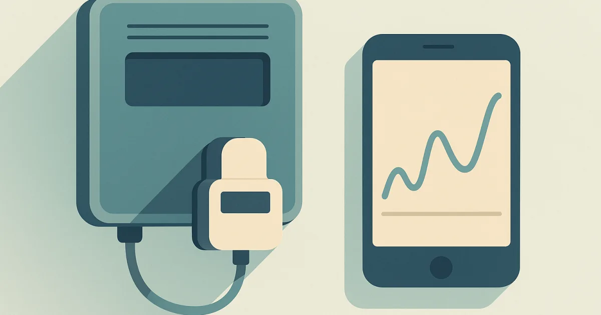 Illustration: eine moderne Messeinrichtung mit aufgestecktem optischem Auslesegerät und ein Smartphone mit Strompreiskurve