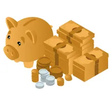 Ein Sparschwein mit Geldmünzen und Scheinen als Durchlauferhitzer-Kosten