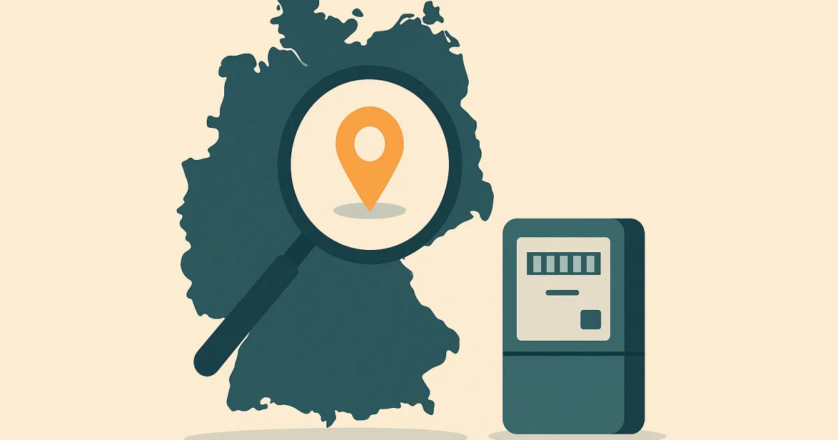 Illustration: Lupe mit Standort-Pin über einer stilisierten Deutschlandkarte, daneben ein digitaler Stromzähler