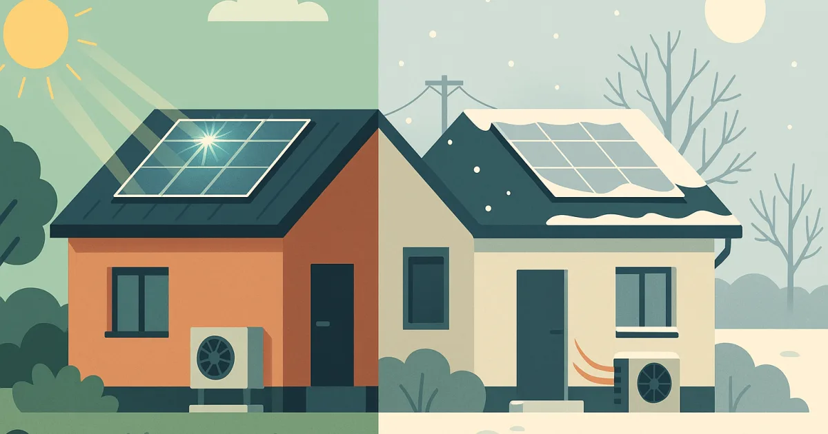 Illustration: Haus im Sommer mit voller Solarleistung, im Winter verschneite Module und laufende Wärmepumpe