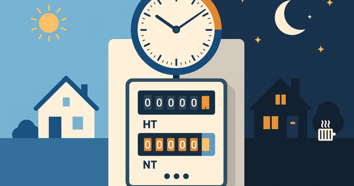 Illustration: Zweitarifzähler mit HT- und NT-Zählwerk vor Tag-Nacht-Szene, Nachtstunden auf der Uhr orange markiert