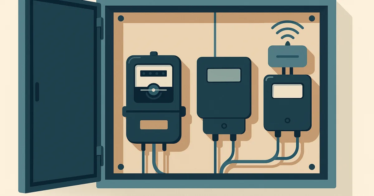 Illustration: offener Zählerschrank mit analogem Zähler, moderner Messeinrichtung und Smart Meter mit Funkmodul