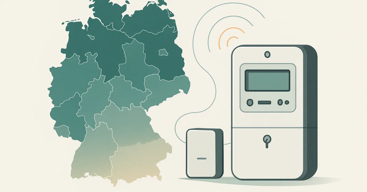 Stilisierte Deutschlandkarte, nach Regionen nach Smart-Meter-Fortschritt eingefärbt, mit einem digitalen Stromzähler im Vordergrund