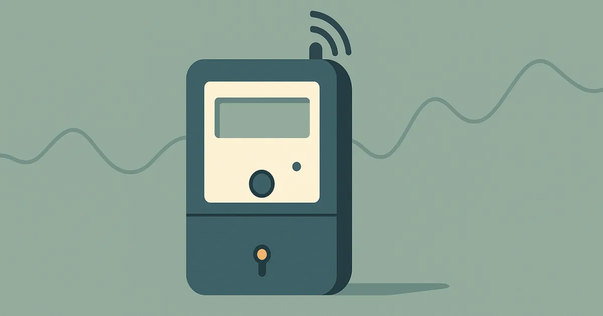 Illustration: digitaler Smart Meter mit Anzeigedisplay und Funksignal vor einer Datenkurve