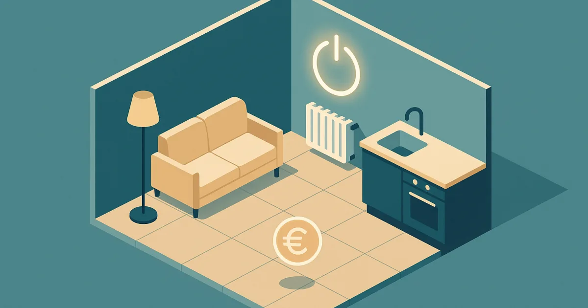 Illustration einer Wohnung mit Quadratmeter-Raster, Strom-Symbol und Euro-Motiv – Stromkosten pro Quadratmeter