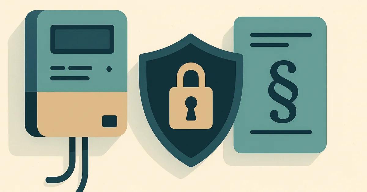 Illustration: digitaler Stromzähler neben einem Schutzschild mit Schloss und einem Dokument mit Paragrafenzeichen – Sinnbild für Datenschutz und Rechte