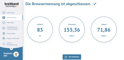 Beispiel-Ergebnis eines Bundesnetzagentur Breitband-Tests mit Download-, Upload- und Ping-Werten