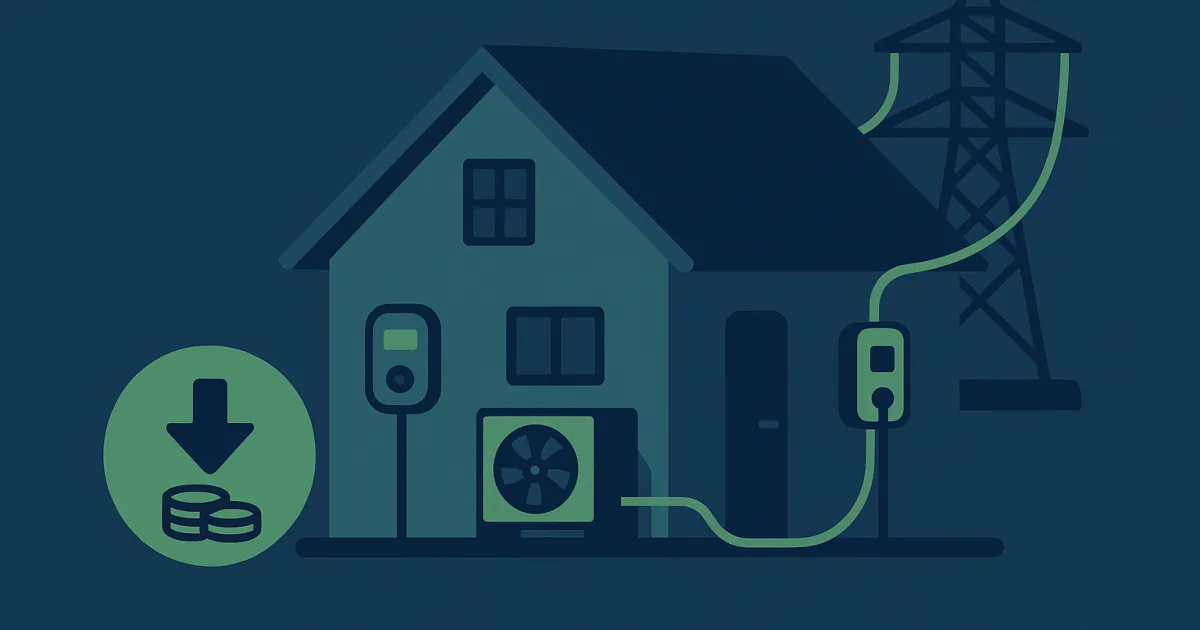 Illustration eines Hauses mit Wärmepumpe und Wallbox am Stromnetz, daneben ein grünes Rabattsymbol mit Münzen für die pauschale Netzentgeltreduzierung