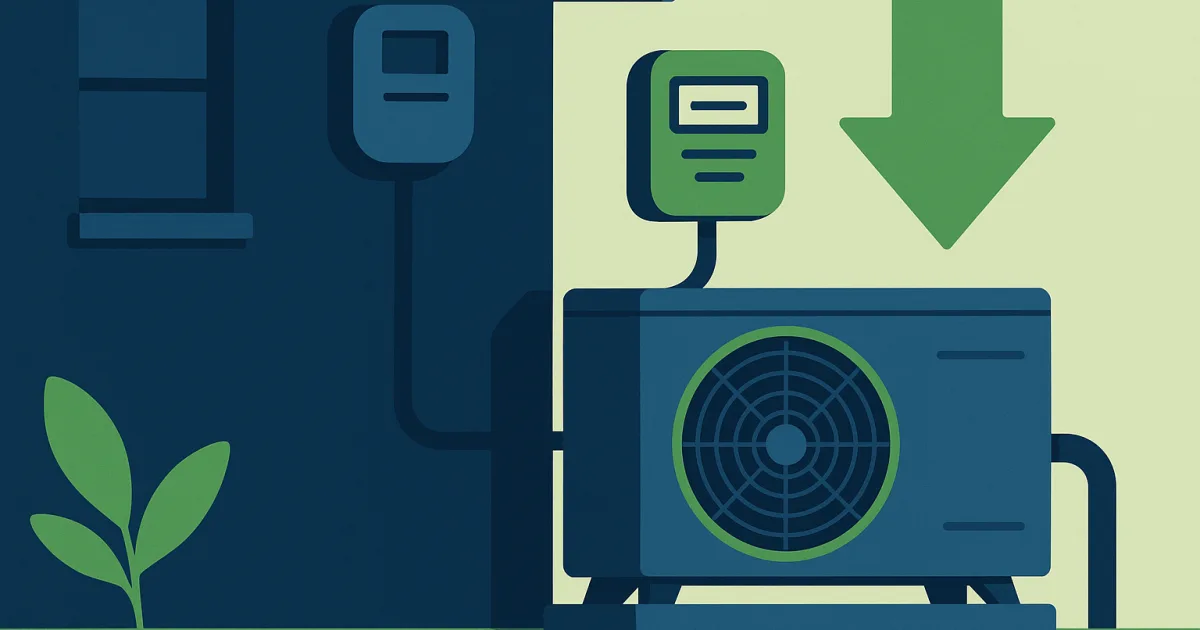 Illustration einer Wärmepumpe mit eigenem, separatem Stromzähler an der Hauswand und einem großen grünen Abwärtspfeil für den reduzierten Netzentgelt-Arbeitspreis