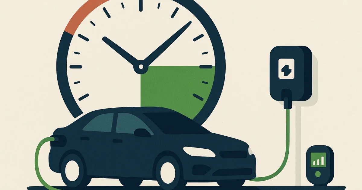 Illustration einer 24-Stunden-Uhr mit teurer Hochlastphase und günstiger grüner Niederlastphase, darunter ein E-Auto, das an der Wallbox in der günstigen Zeit lädt