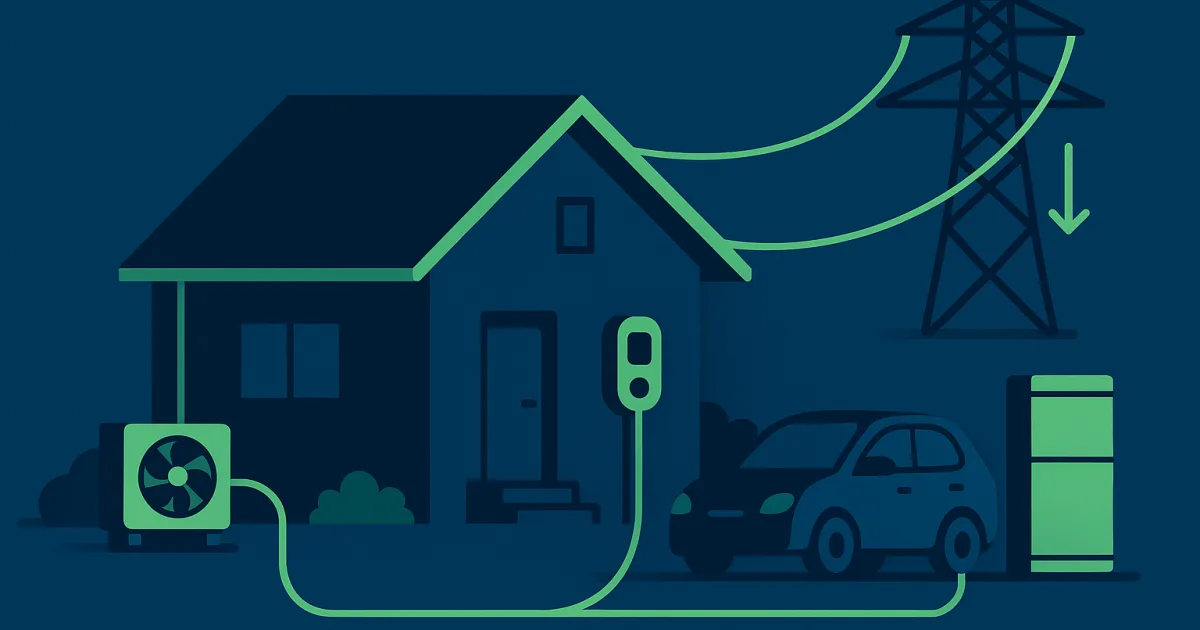 Illustration eines Hauses mit Wärmepumpe, Wallbox und Stromspeicher, die über das Stromnetz verbunden sind, mit einem Pfeil für reduzierte Netzentgelte