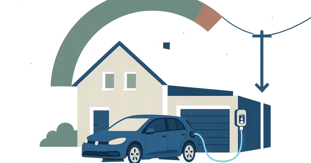 Illustration: E-Auto lädt an der Wallbox am Haus, dazu ein Pfeil nach unten für das reduzierte Netzentgelt