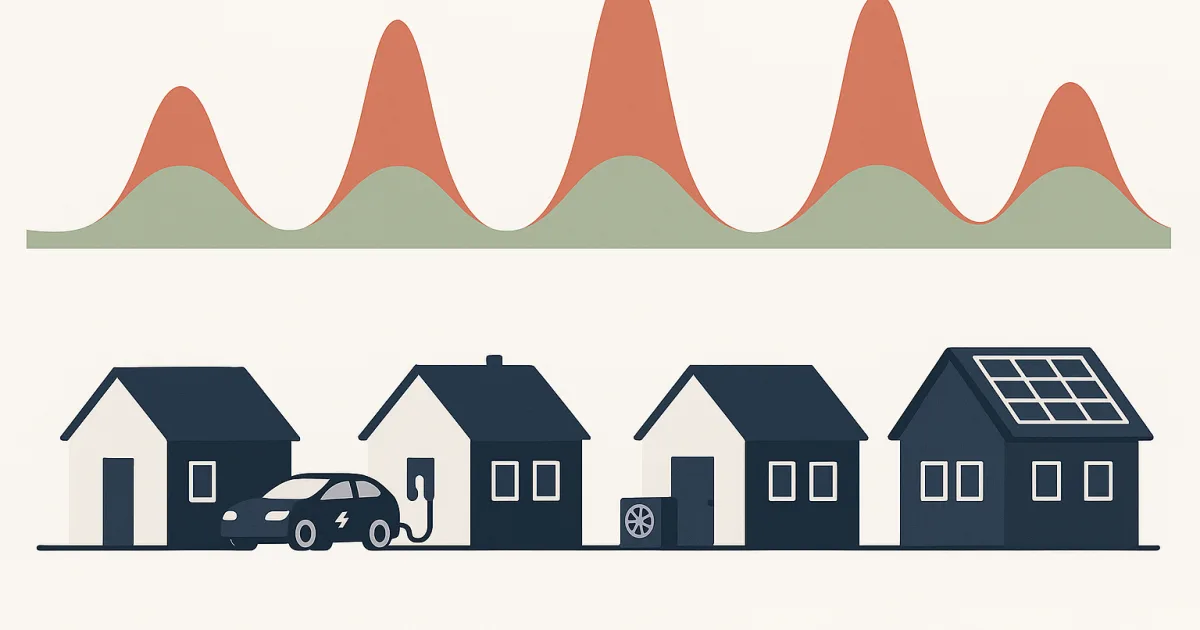 Illustration einer schwankenden Börsenstrompreis-Kurve über vier Haushalten: Standardhaushalt, Haus mit E-Auto, Haus mit Wärmepumpe und Prosumer mit Solar und Speicher