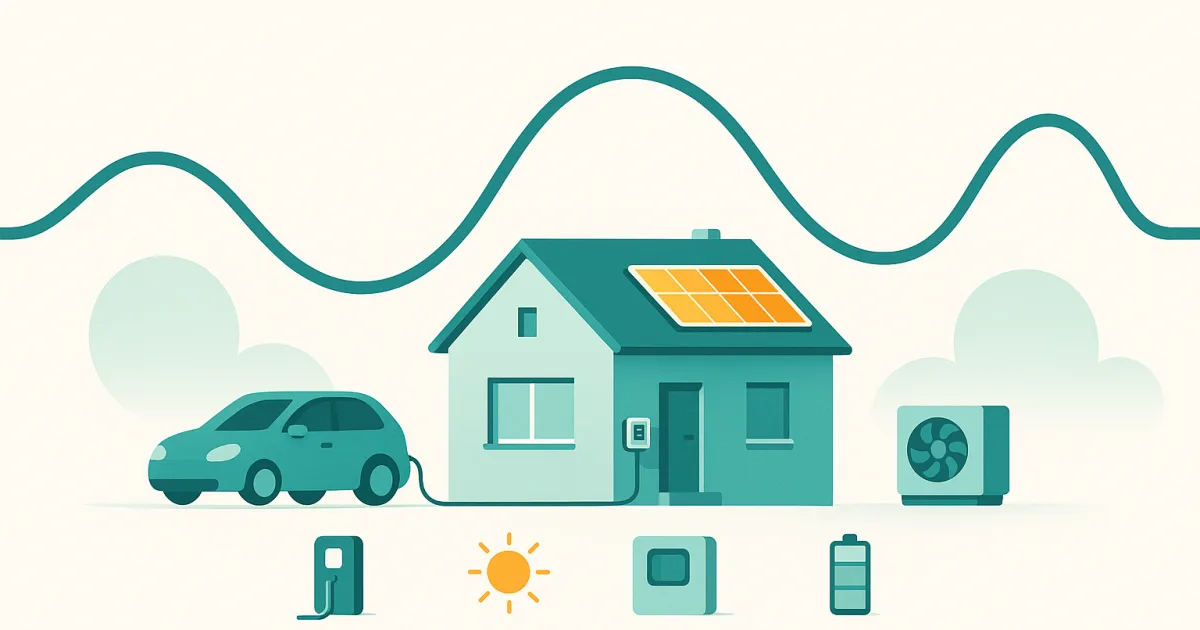 Illustration eines dynamischen Stromtarifs: Börsenpreiskurve über einem Haus mit E-Auto, Wärmepumpe, Speicher und Solar.