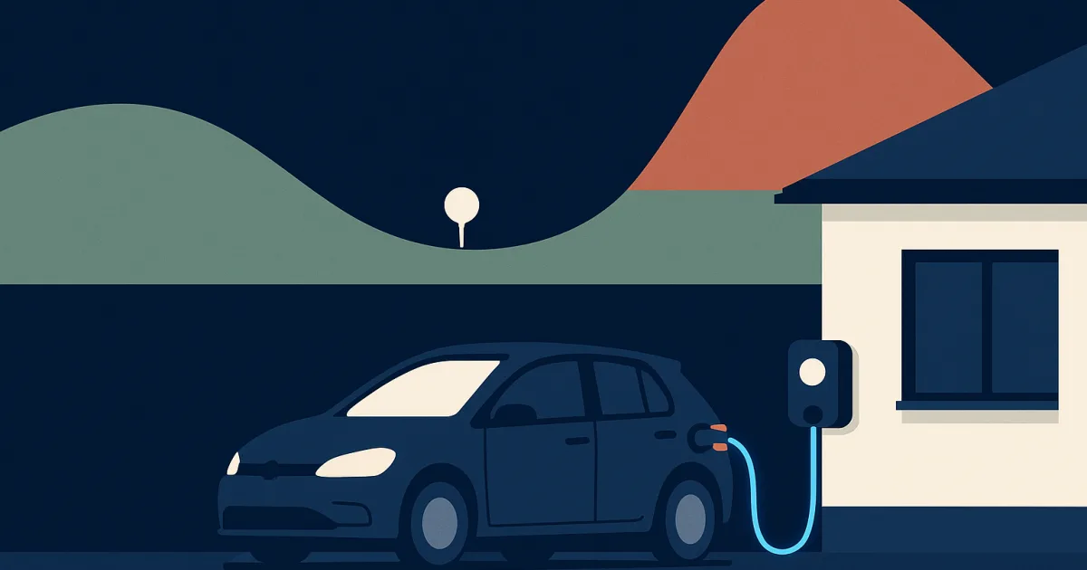 Illustration: E-Auto lädt nachts an der Wallbox, darüber eine Preiskurve mit günstigem Nachttal und teurer Abendspitze