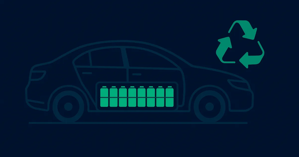 Illustration eines Elektroautos im Querschnitt mit grüner Batterie im Fahrzeugboden und Recycling-Symbol
