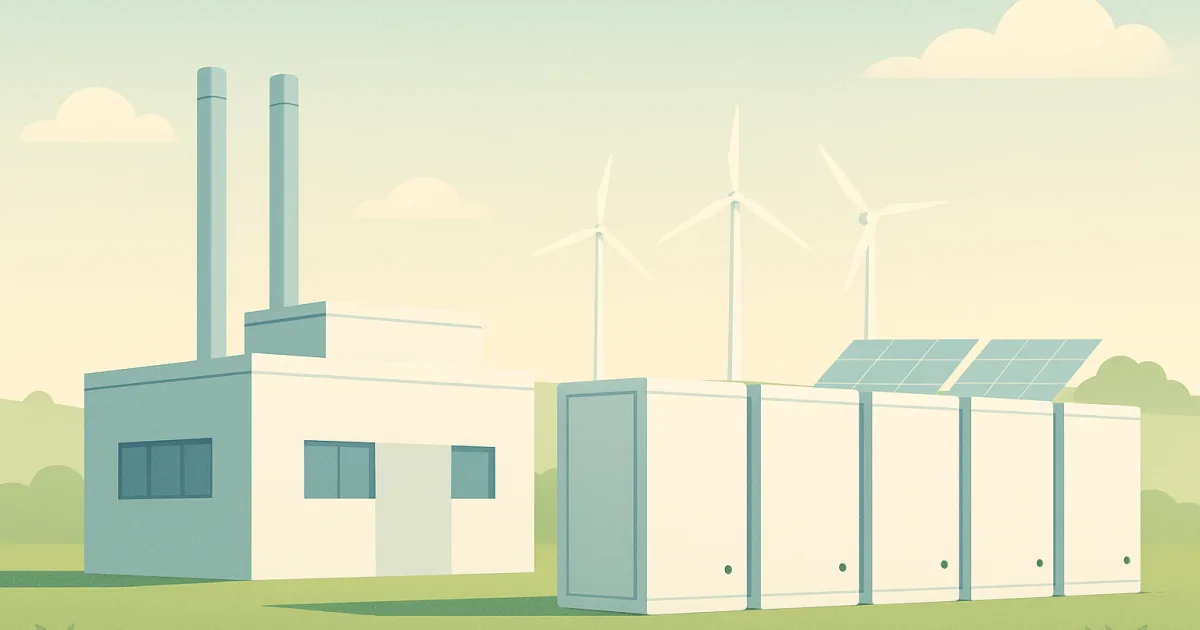 Gaskraftwerk und Batteriespeicher stehen als Reserve bereit, dahinter Windräder und Solarmodule