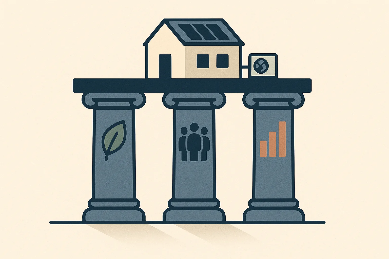 Drei Säulen der Nachhaltigkeit – Ökologie, Soziales, Wirtschaft – tragen ein Haus mit Solaranlage und Wärmepumpe.
