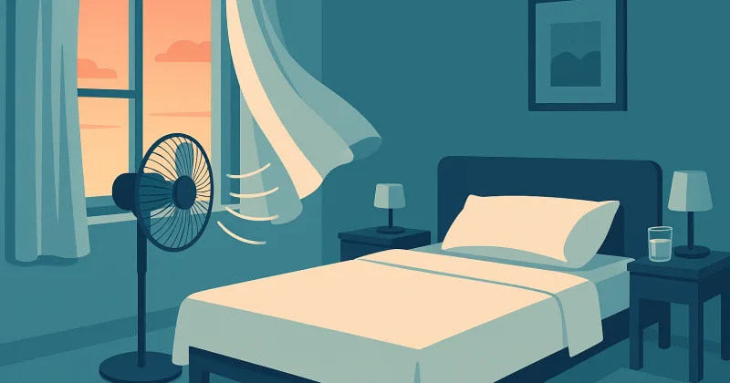 Schlafzimmer bei Sommerhitze am Abend: ein Ventilator bläst kühle Luft Richtung Bett, das Fenster steht offen