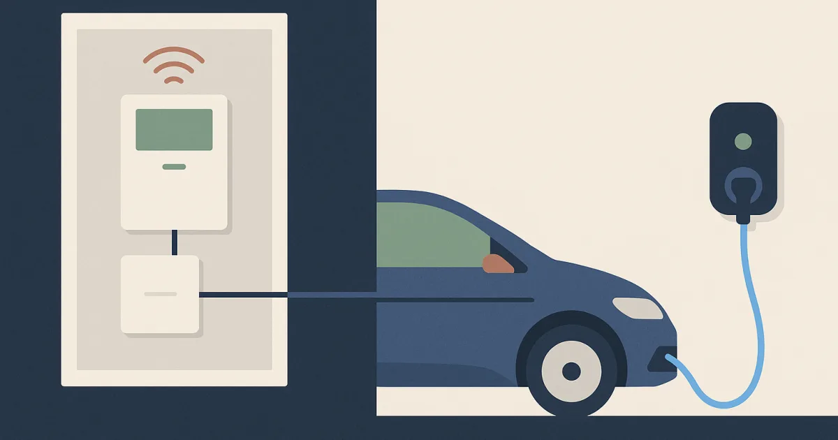 Illustration: digitaler Stromzähler mit Steuerbox im Zählerschrank, verbunden mit einem E-Auto an der Wallbox