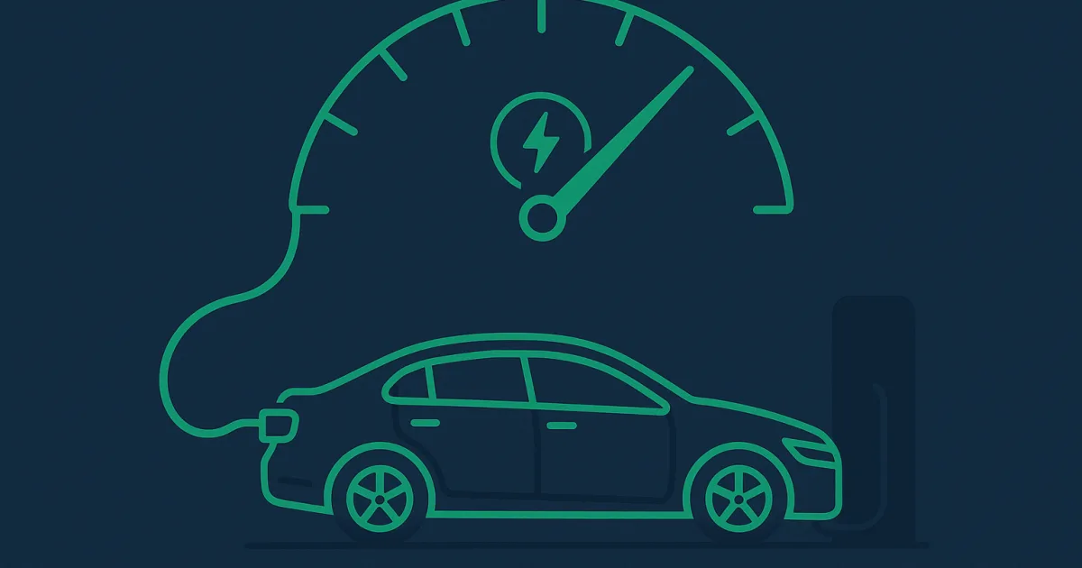 Illustration eines Elektroautos, dessen Ladekabel eine Verbrauchsanzeige mit Tachonadel bildet