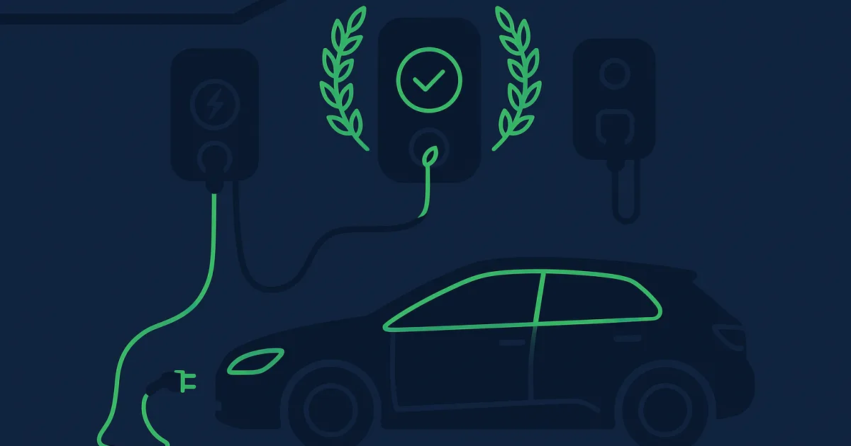 Illustration von drei Wallboxen an einer Wand, die mittlere als Testsieger mit Haken und Lorbeerkranz markiert