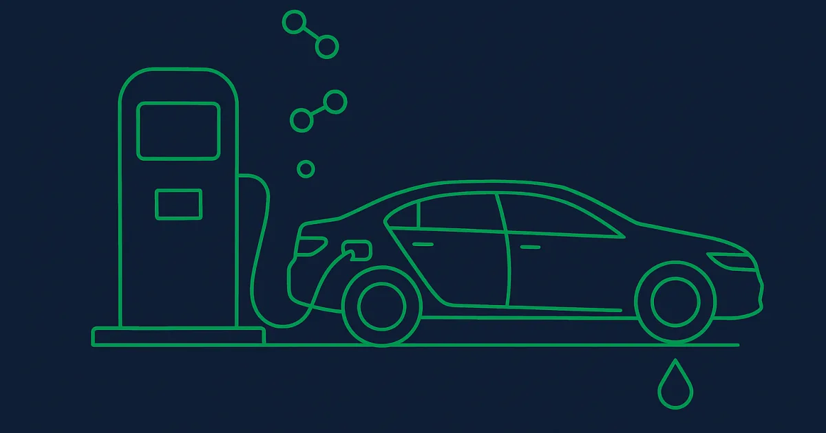 Illustration eines Wasserstoffautos beim Tanken an einer Wasserstofftankstelle mit Molekülen und Wassertropfen