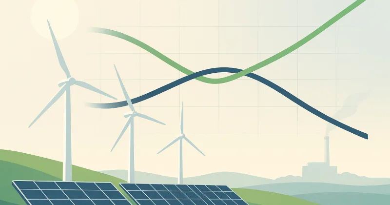 Editorial Illustration: Windräder und Solarmodule im Vordergrund, eine grüne Kurve steigt im Hintergrund über eine fallende navyfarbene Kurve, daneben verblasst ein Gaskraftwerk.