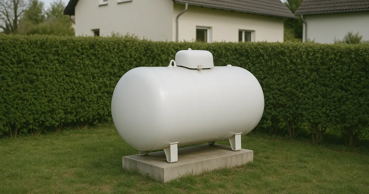 Weißer Flüssiggastank im Garten eines Einfamilienhauses