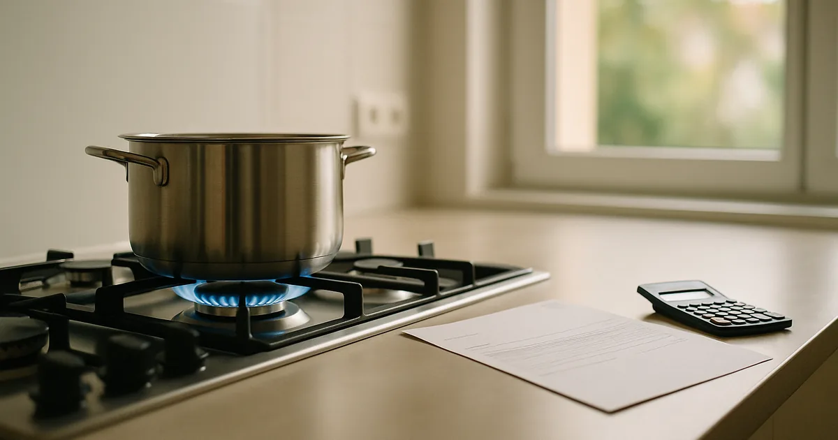 Gasflamme auf einem Kochfeld neben einer Energierechnung und einem Taschenrechner