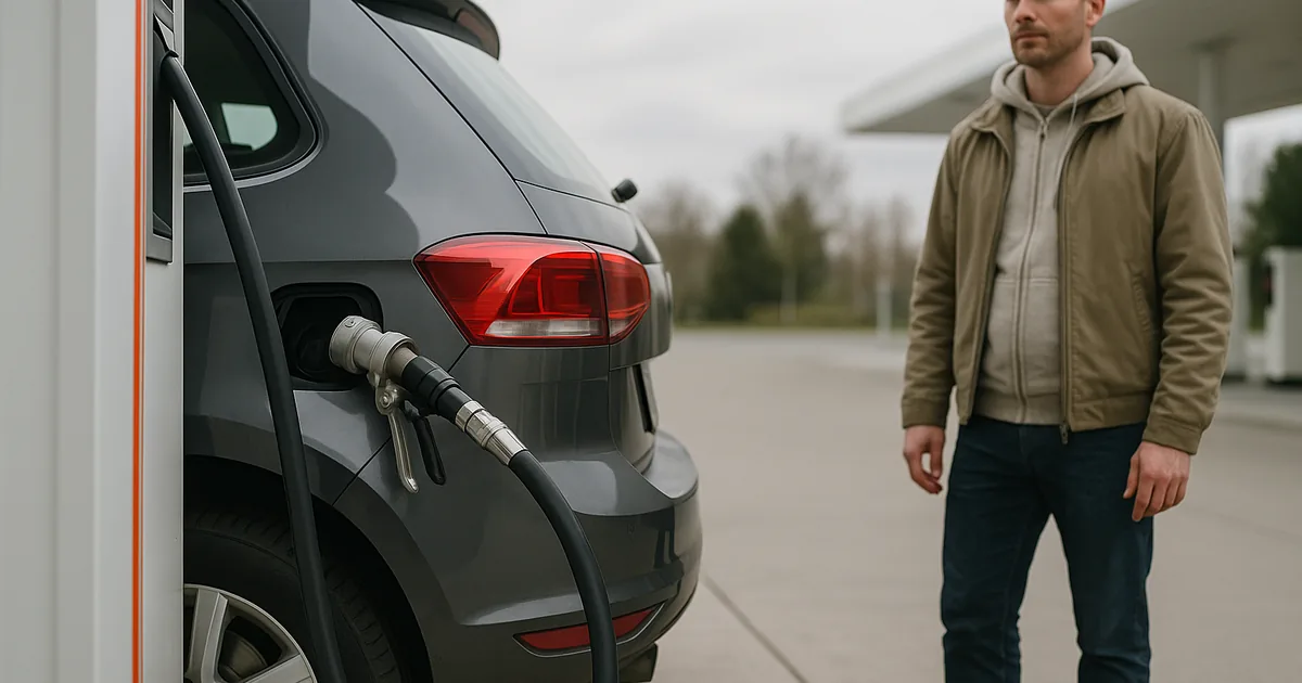 Auto wird an einer Autogas-Tankstelle mit LPG betankt