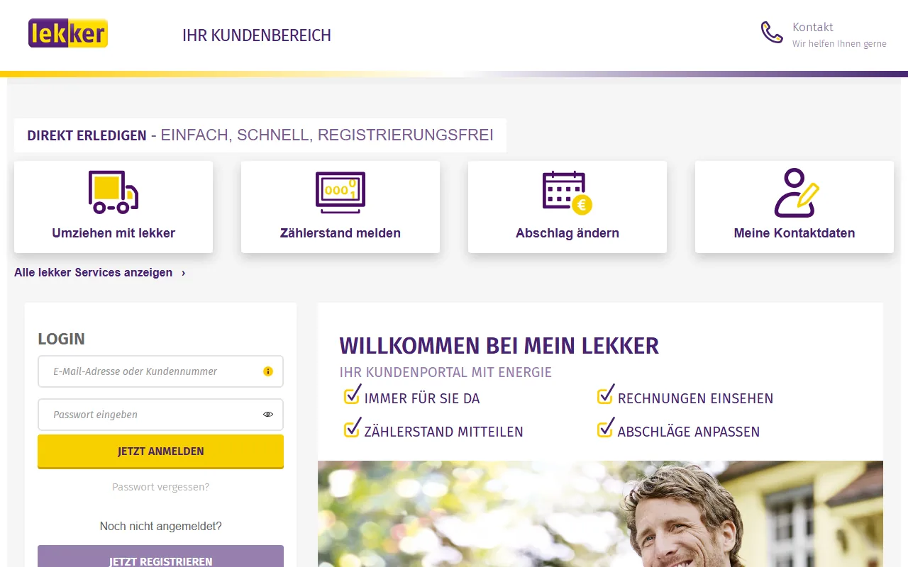 Anmeldeseite des Lekker Kundenportals