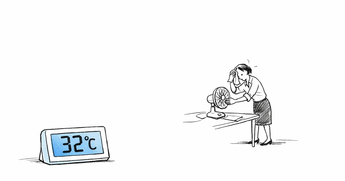 Illustration: Büroangestellter wischt sich bei Hitze den Schweiß ab, daneben ein Ventilator und ein Thermometer über 30 °C