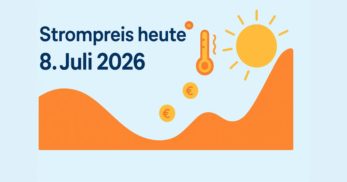Illustration: Strompreis heute, 8. Juli 2026 – Preiskurve mit Abendspitze bei Hitzewelle und Sonne