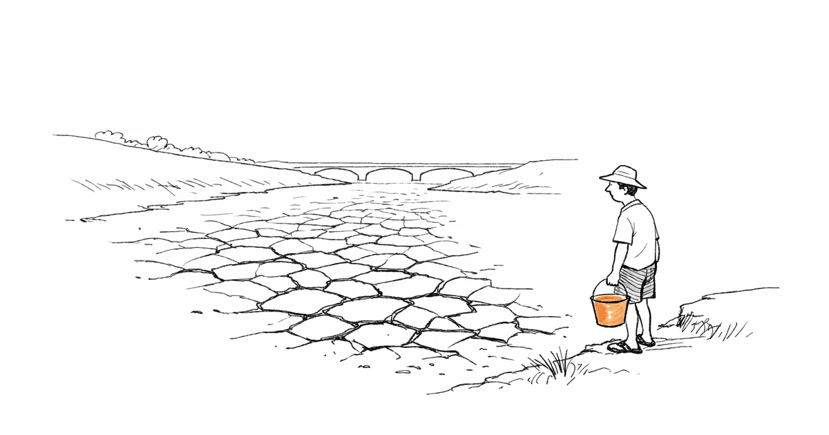 Illustration: Person mit leerem Eimer an einem ausgetrockneten, rissigen Flussbett bei Trockenheit