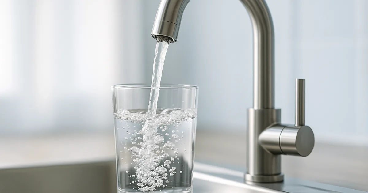 Ein Glas frisches Leitungswasser wird an einem modernen Wasserhahn eingeschenkt