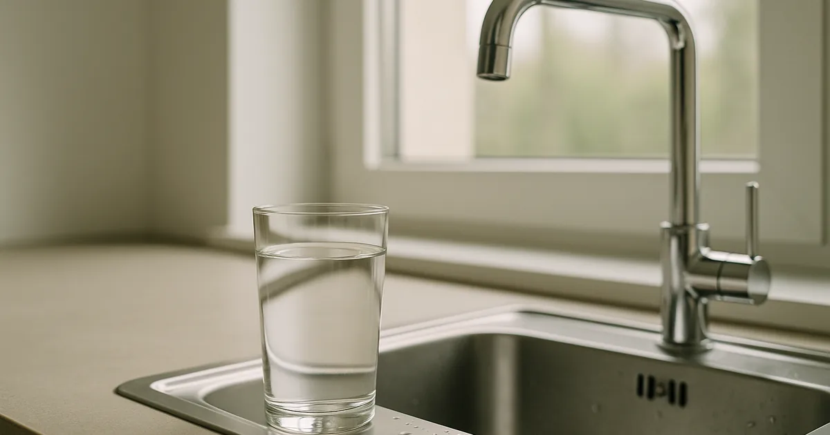 Glas Trinkwasser auf einer Küchenarbeitsplatte neben einem modernen Wasserhahn