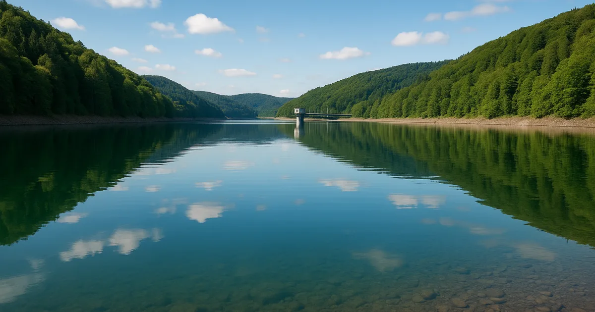 Trinkwasser-Talsperre in grüner Landschaft, Symbol für die Wasserversorgung